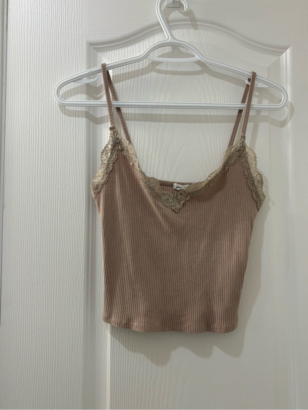 Garage Ribbed Lace-Trim Tank in Taupe